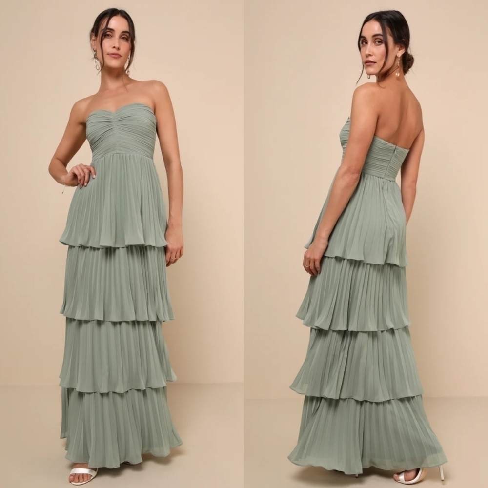 Lulus Seriously Sensational Sage Brush Strapless Tiered Maxi Dress Wedding Prom
